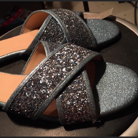 NWT J.Crew Blue Glitter Slipper Slides - Picture 2 of 4
